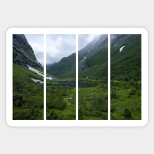 Wonderful landscapes in Norway. Vestland. Beautiful scenery of Urasetra and surroundings. Cows, lake, road and snowed mountain. Paradise and heaven. Cloudy day Sticker